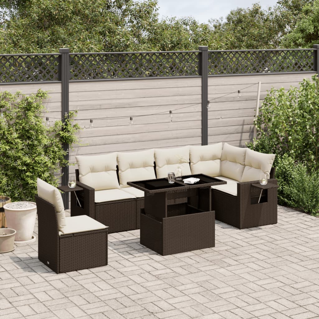 7 Pcs conjunto de sofás jardim c/ almofadões vime PE castanho