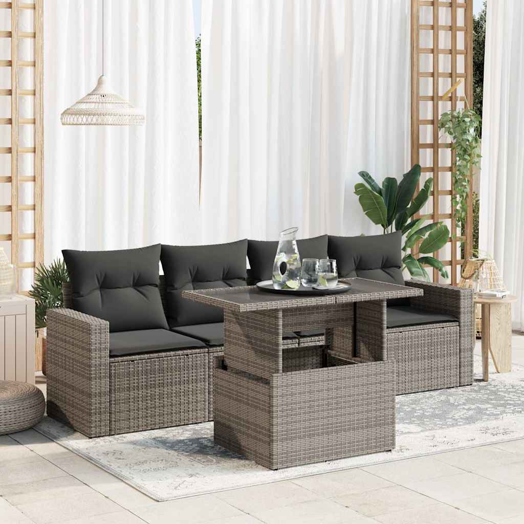 5 Pcs conjunto sofás de jardim c/ almofadões vime PE cinzento