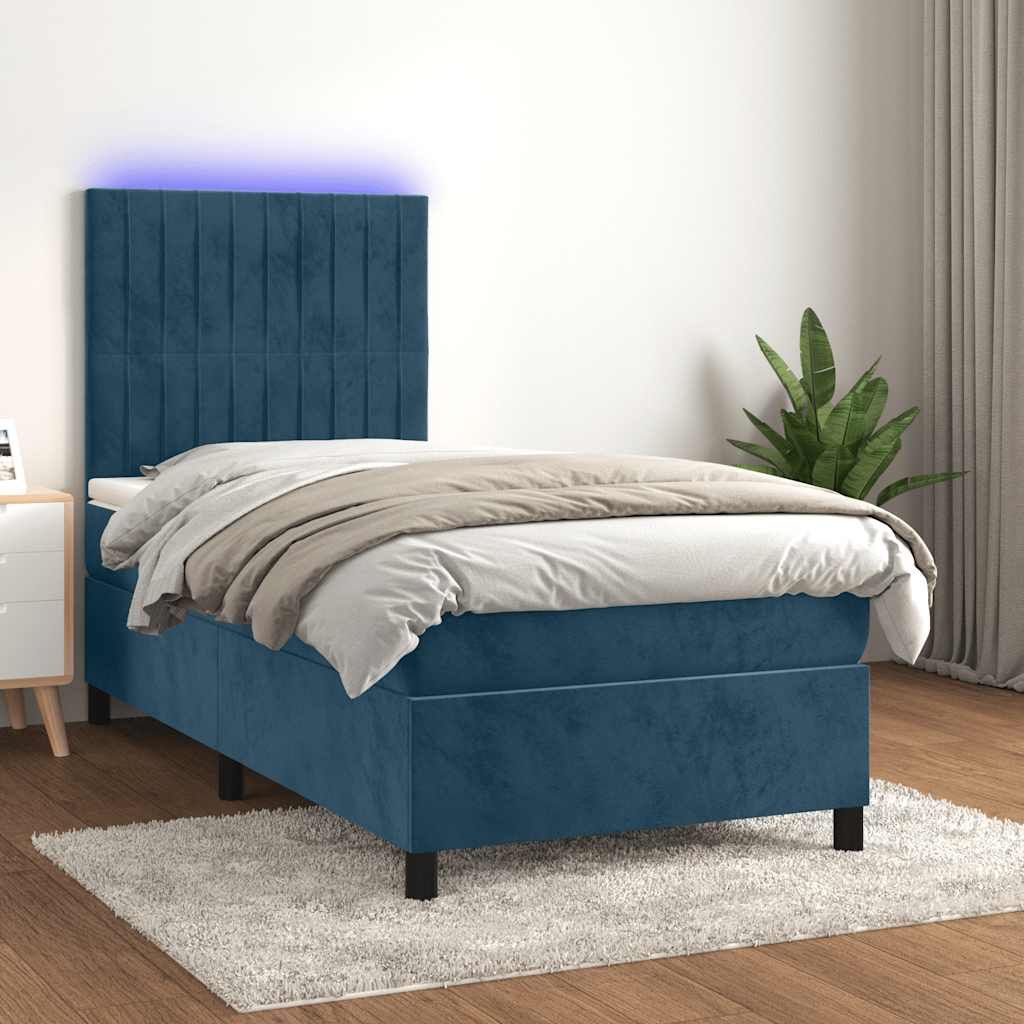 Cama box spring c/ colchão/LED 90x190 cm veludo azul-escuro