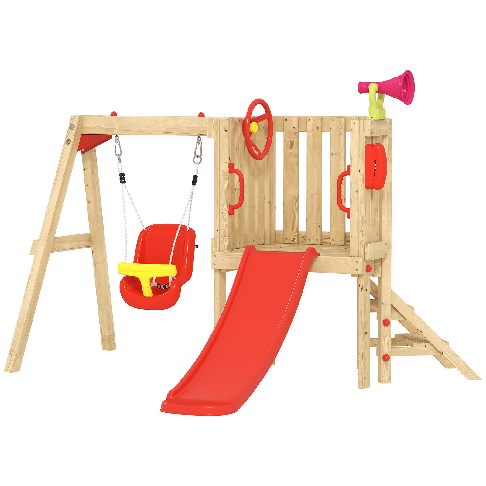 Parque infantil exterior de madeira com baloiço escorrega volante buzina telefone para jardim relvado vermelho e madeira