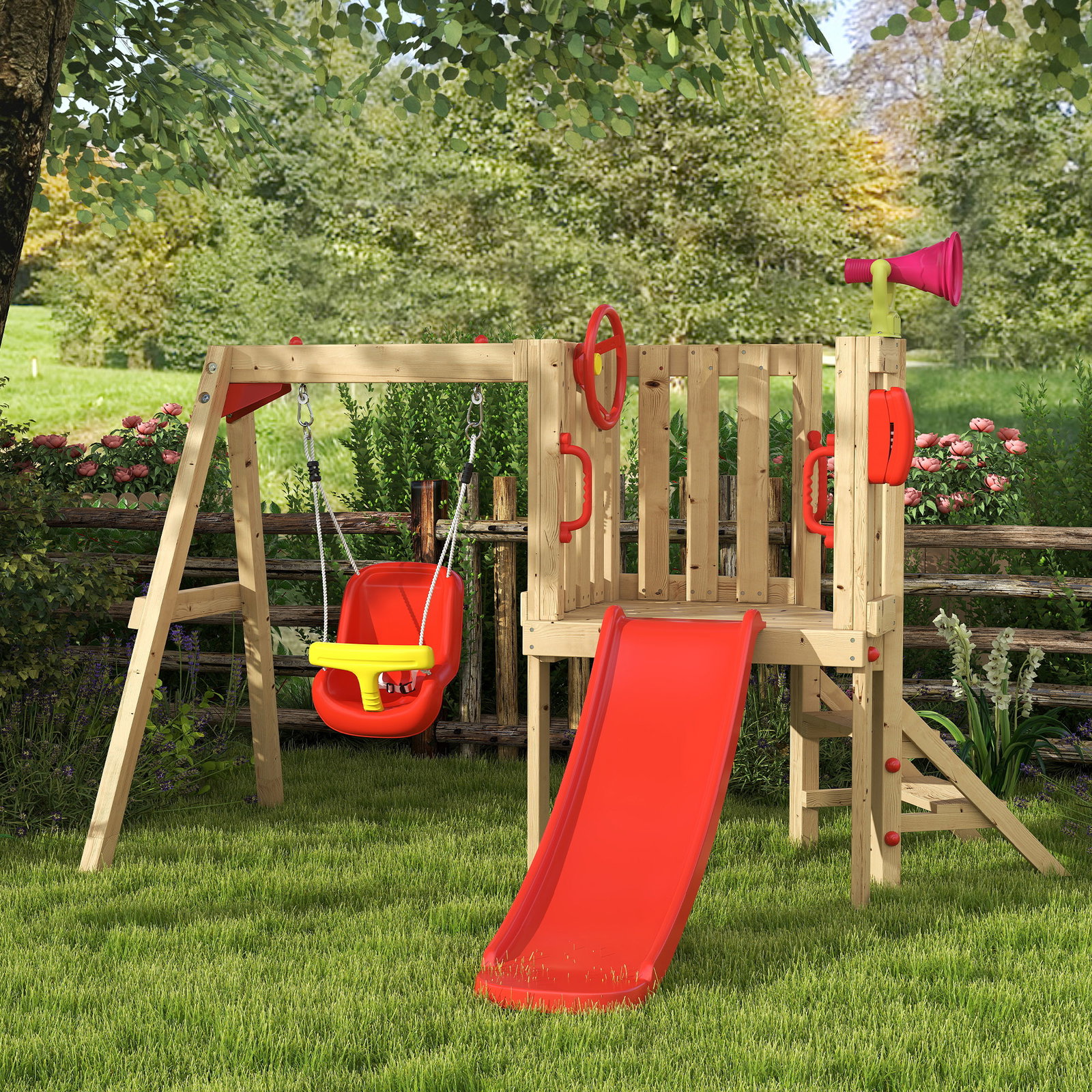 Parque infantil exterior de madeira com baloiço escorrega volante buzina telefone para jardim relvado vermelho e madeira