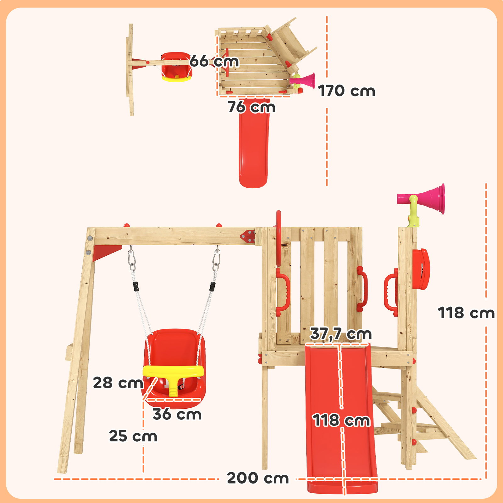 Parque infantil exterior de madeira com baloiço escorrega volante buzina telefone para jardim relvado vermelho e madeira