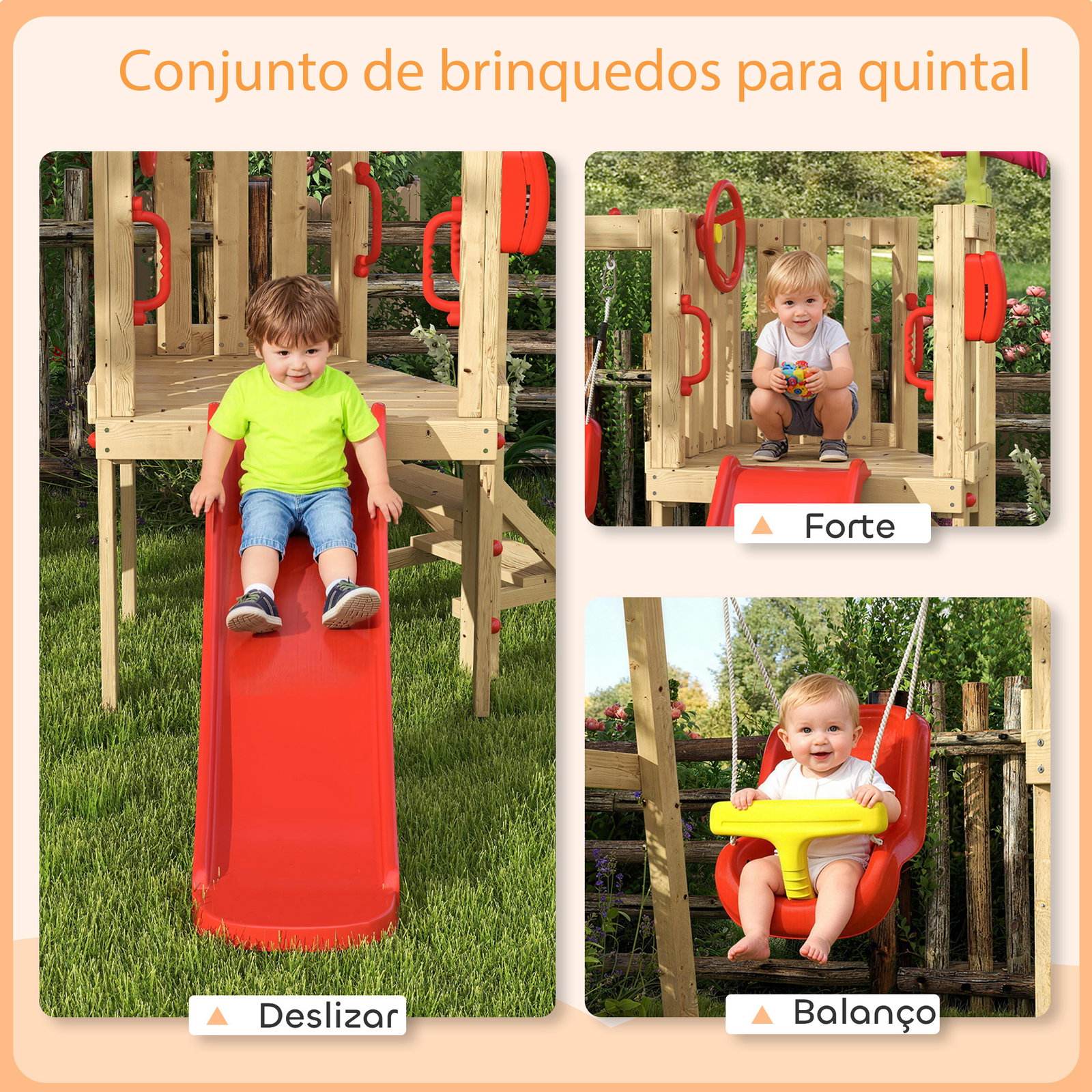 Parque infantil exterior de madeira com baloiço escorrega volante buzina telefone para jardim relvado vermelho e madeira