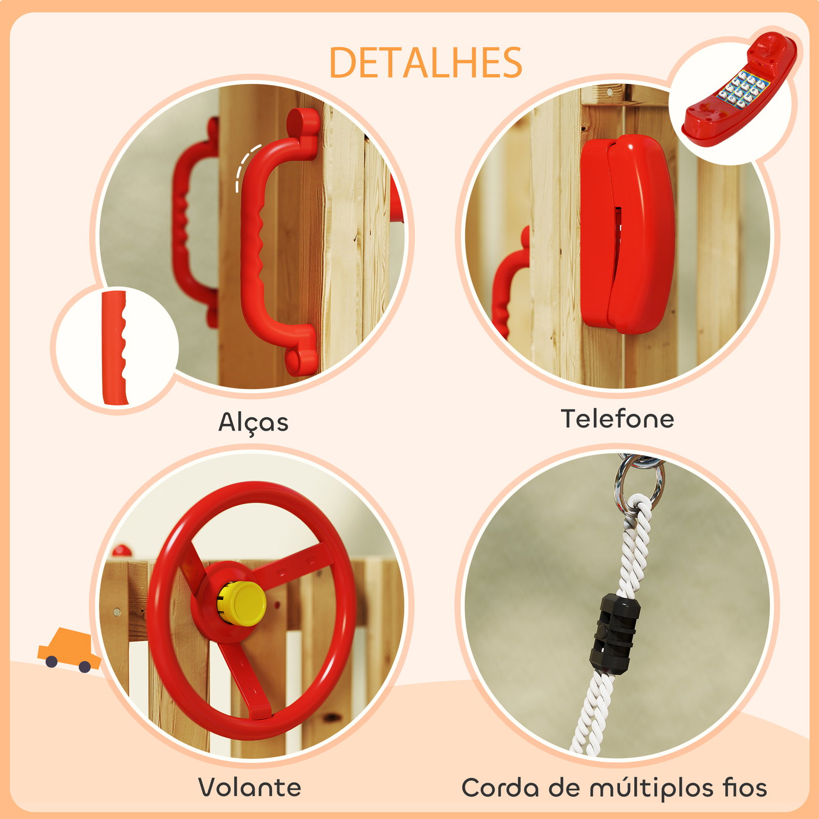 Parque infantil exterior de madeira com baloiço escorrega volante buzina telefone para jardim relvado vermelho e madeira