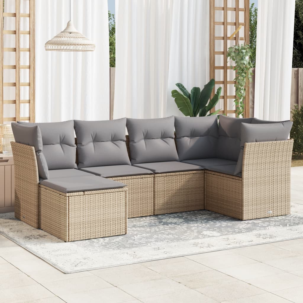 6 Pcs conjunto de sofás p/ jardim com almofadões vime PE bege