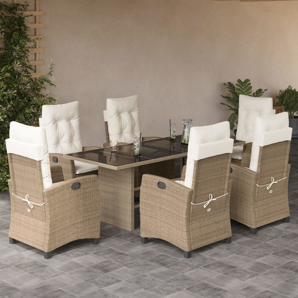 7 Pcs conjunto de jantar p/ jardim com almofadões vime PE bege