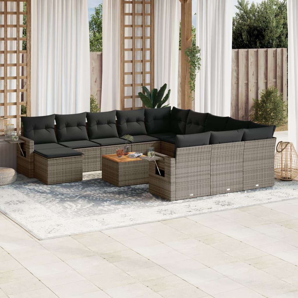 13 Pcs conjunto sofás p/ jardim c/ almofadões vime PE cinzento
