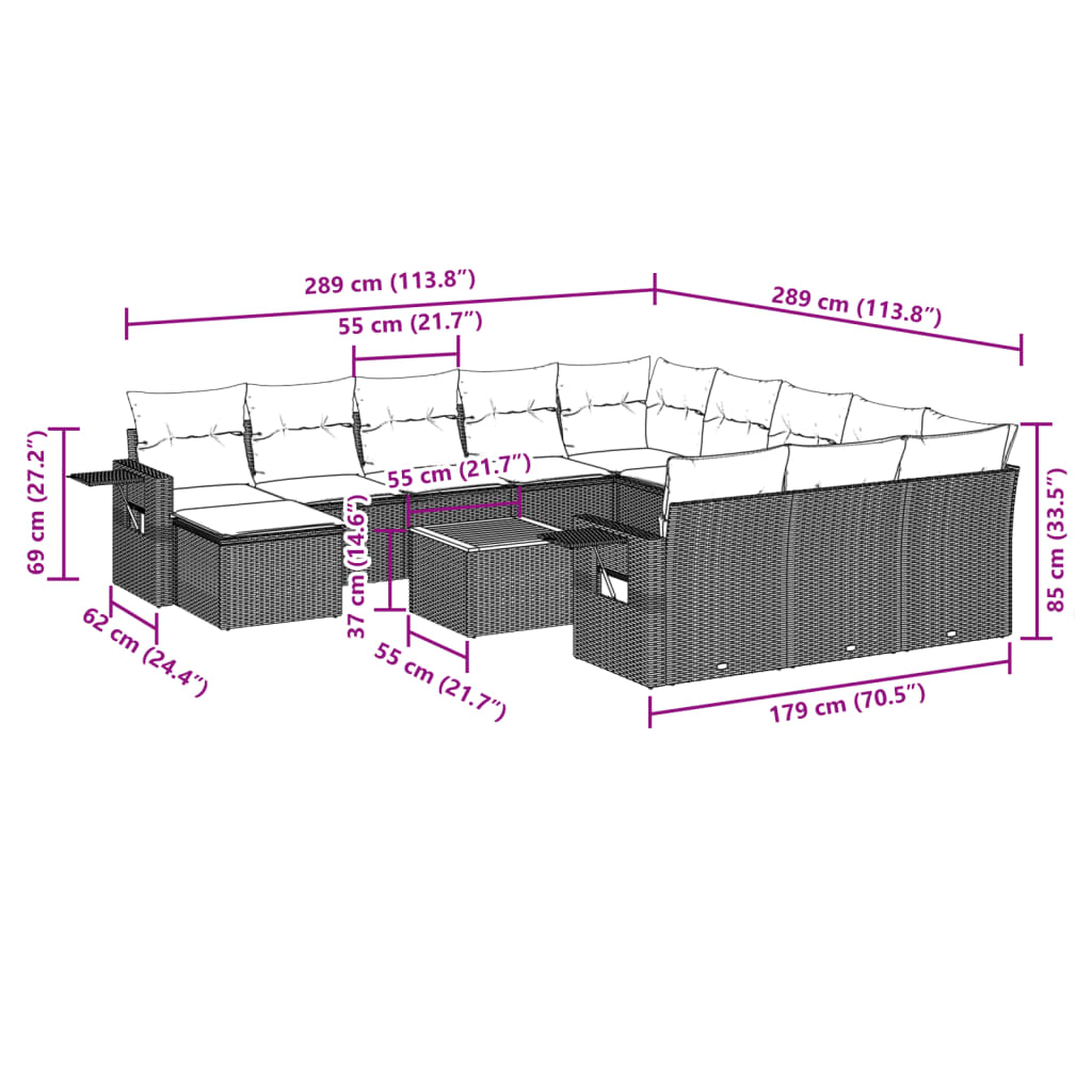 13 Pcs conjunto sofás p/ jardim c/ almofadões vime PE cinzento