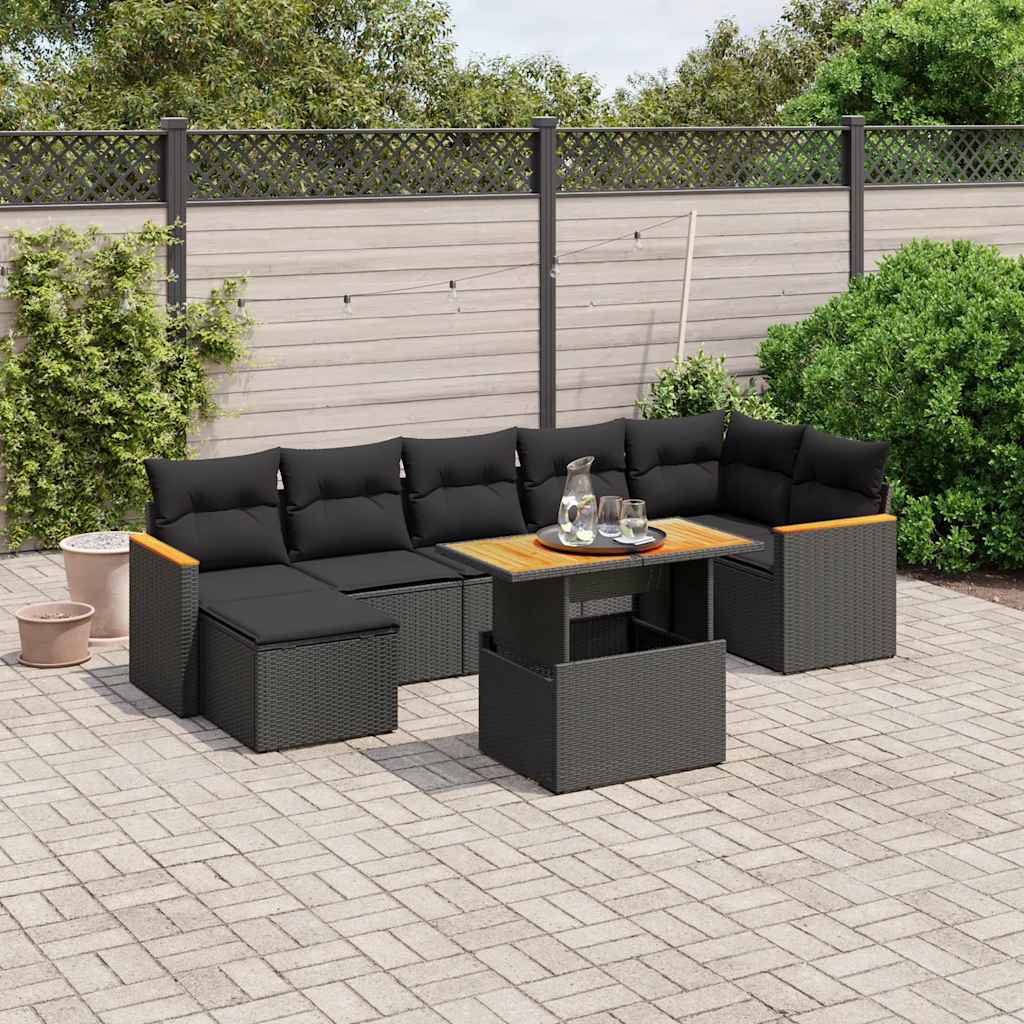 8 Pcs conjunto sofás de jardim com almofadões vime PE preto