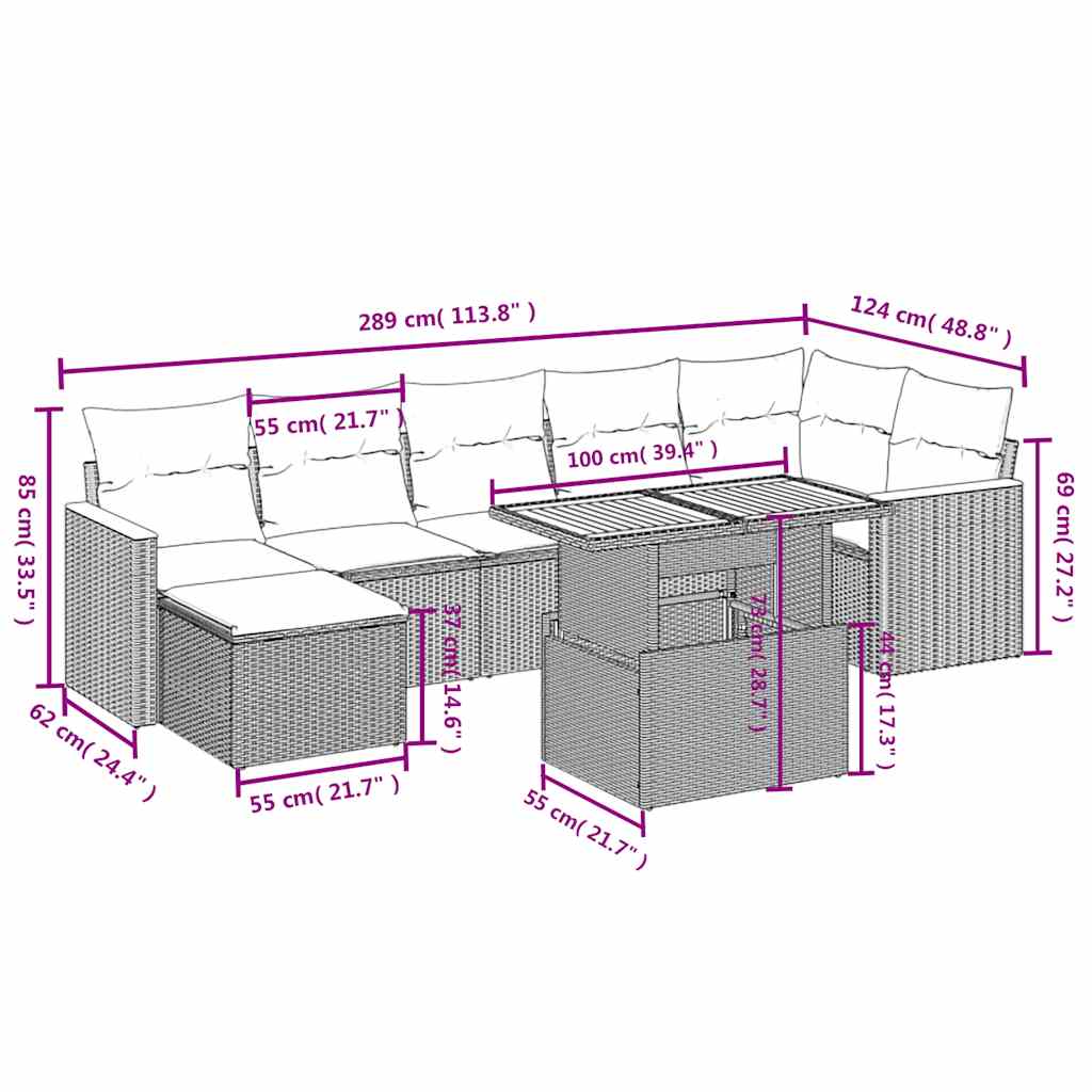 8 Pcs conjunto sofás de jardim com almofadões vime PE preto