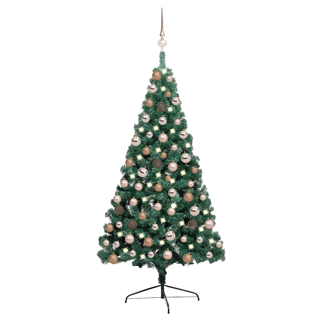 Meia árvore natal artificial pré-iluminada c/ bolas verde