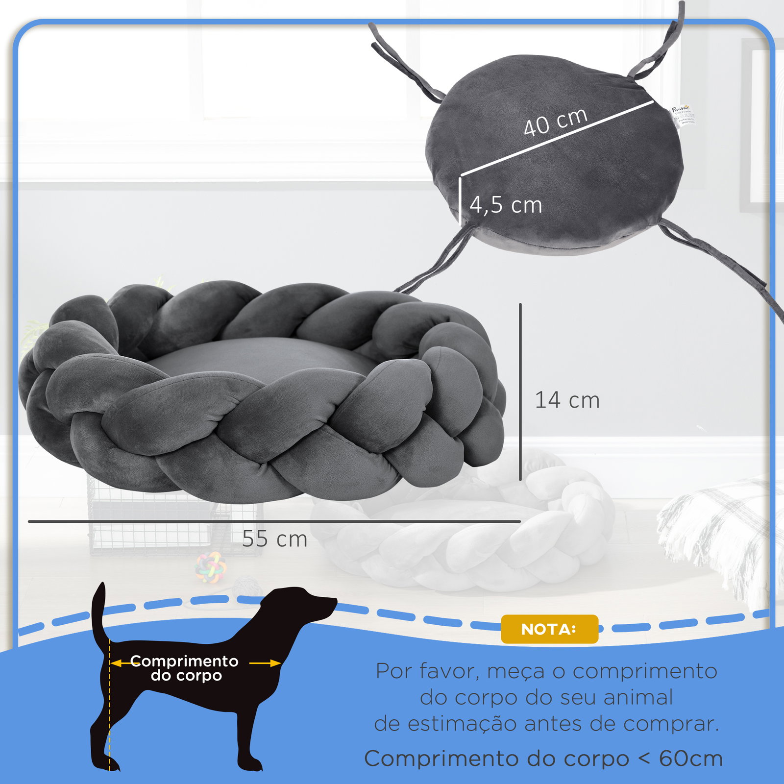 Cama para cães pequenos lavável cama para animais de estimação redonda com almofada independente 55x55x14 cm cinza