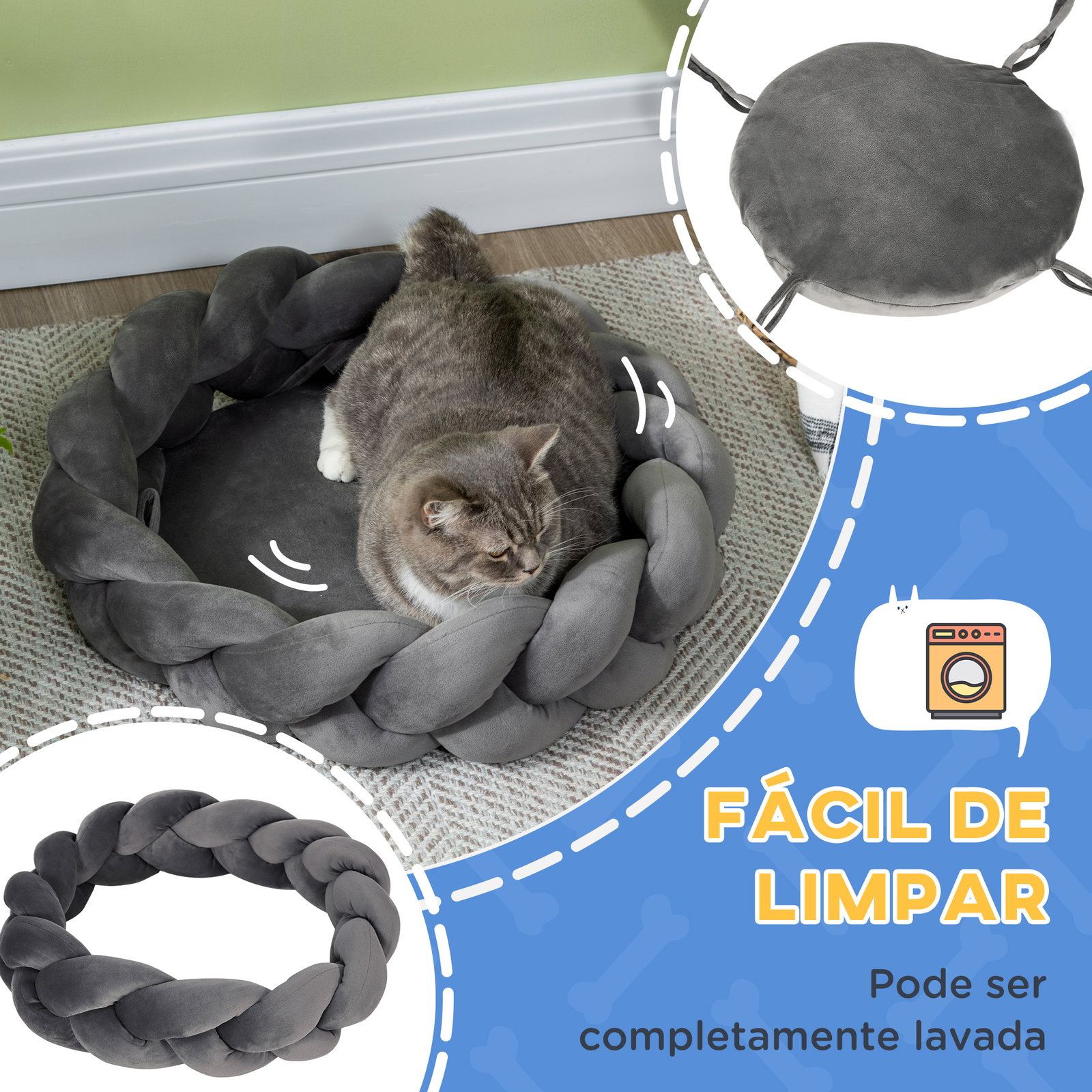 Cama para cães pequenos lavável cama para animais de estimação redonda com almofada independente 55x55x14 cm cinza