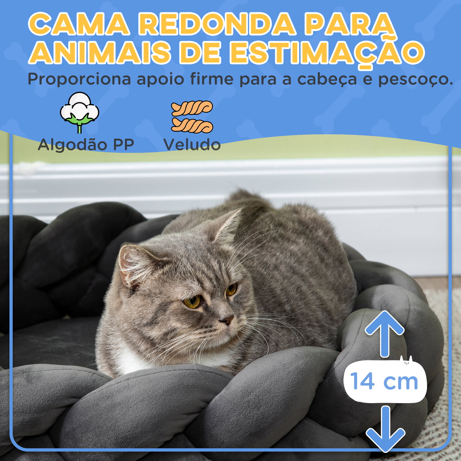 Cama para cães pequenos lavável cama para animais de estimação redonda com almofada independente 55x55x14 cm cinza