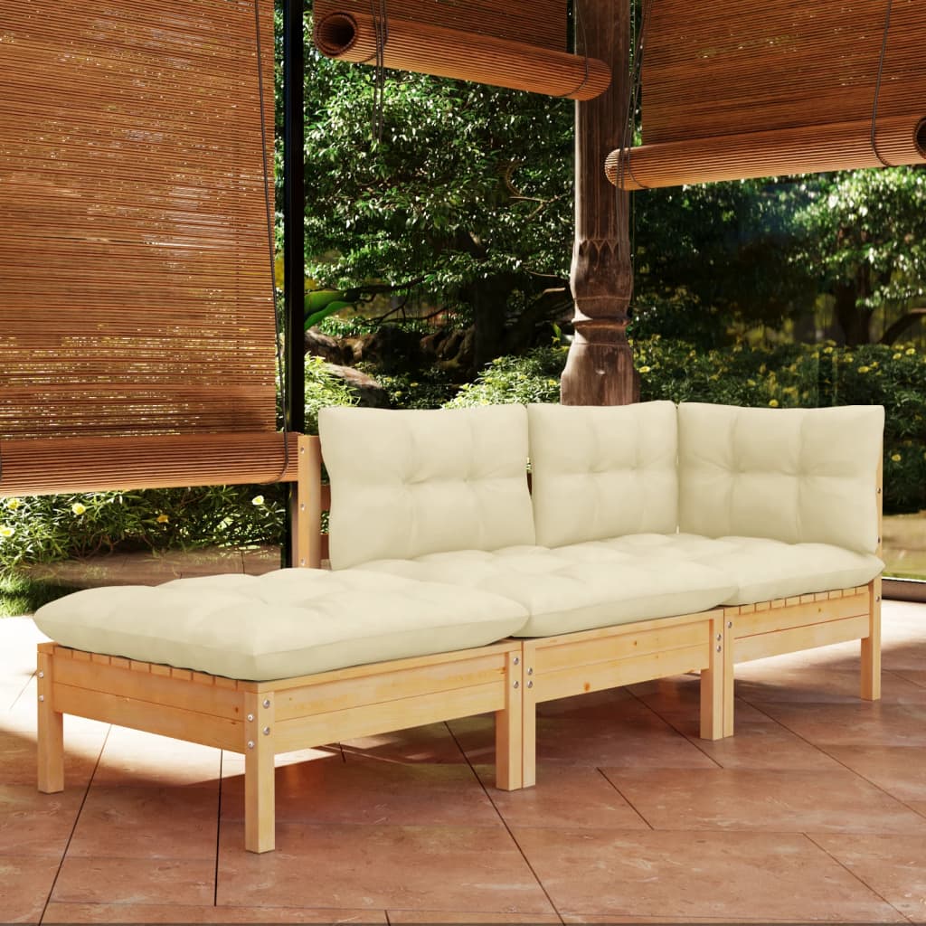 3 Pcs conjunto lounge jardim c/ almofadões creme pinho maciço