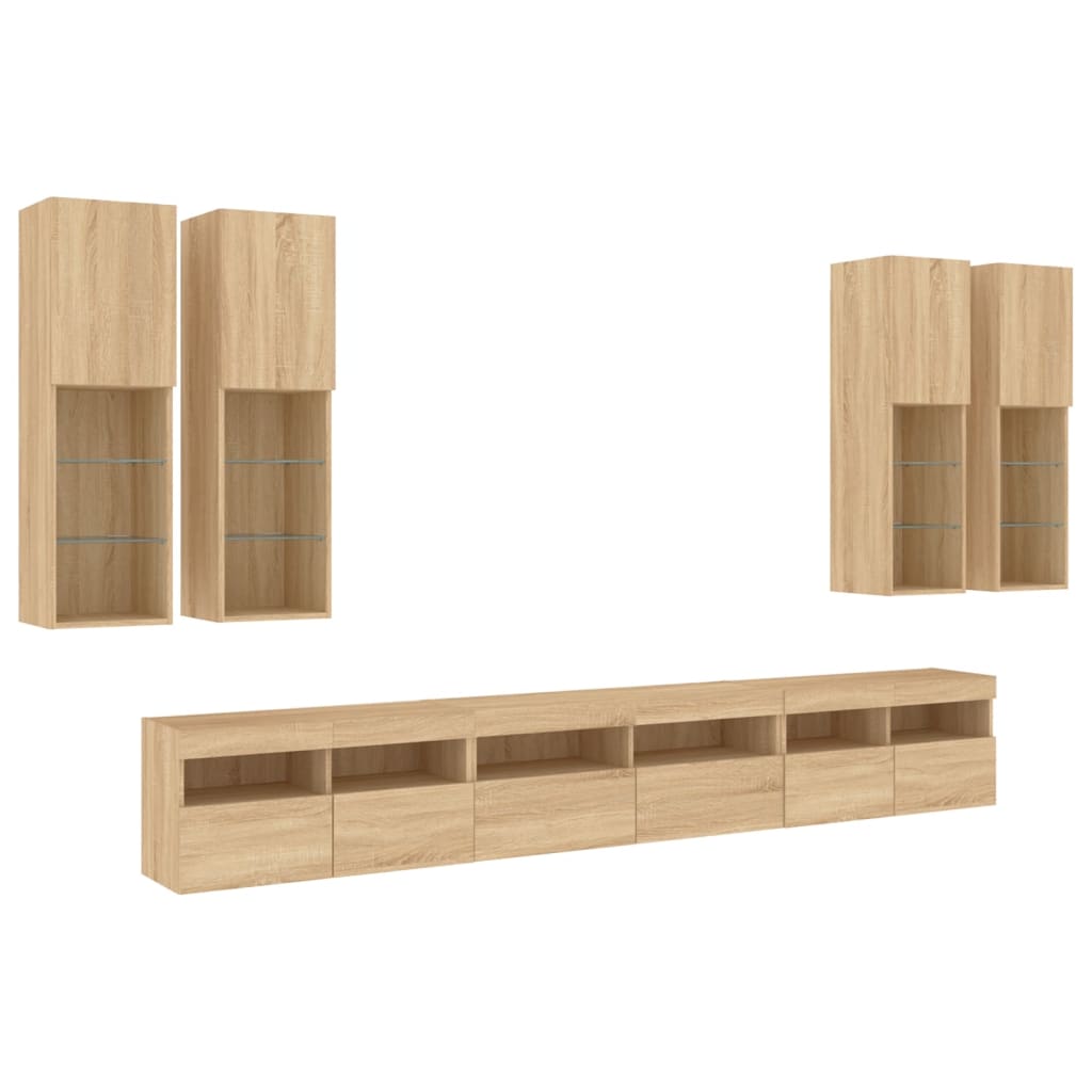 7 Pcs conj. móveis de parede p/ TV c/ luzes LED carvalho sonoma