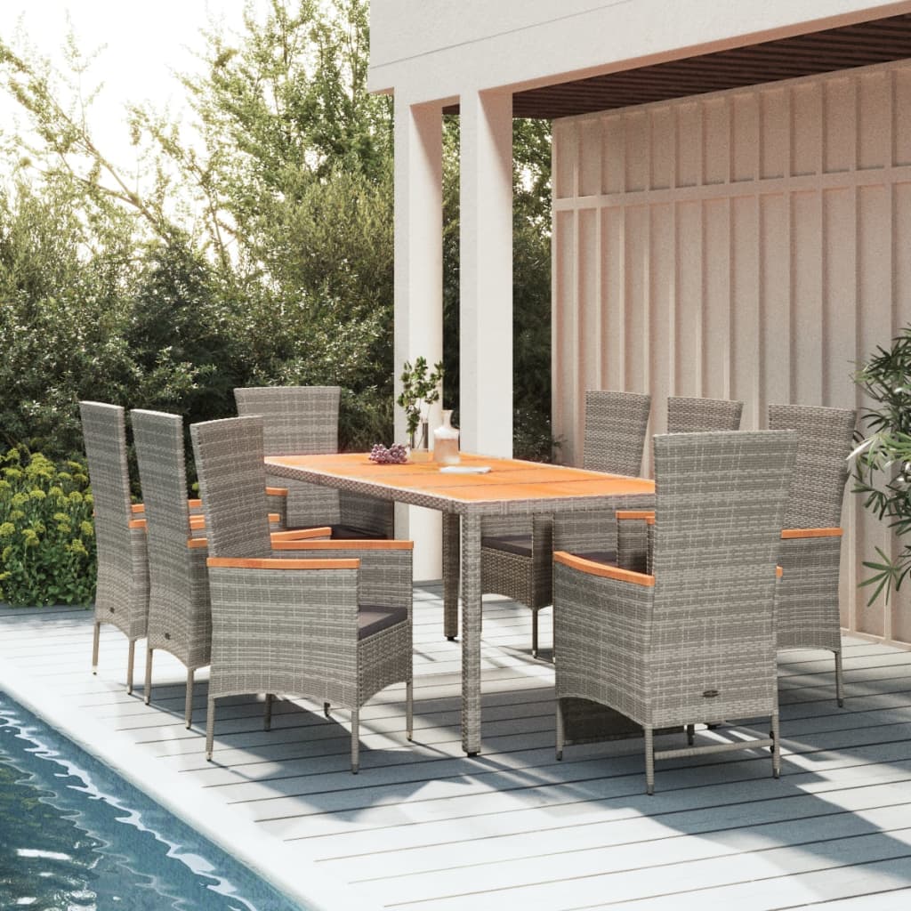 9 Pcs conjunto de jantar p/ jardim c/ almofadões vime PE cinza