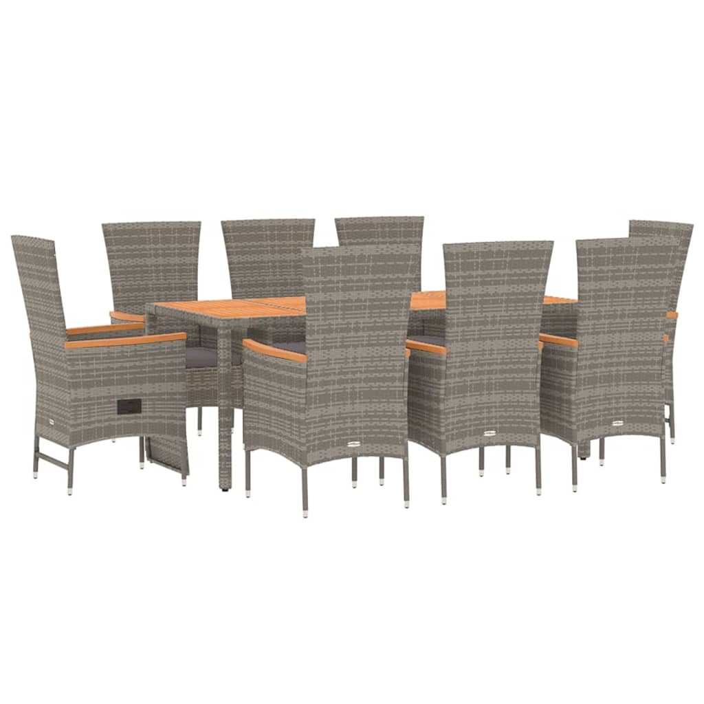 9 Pcs conjunto de jantar p/ jardim c/ almofadões vime PE cinza