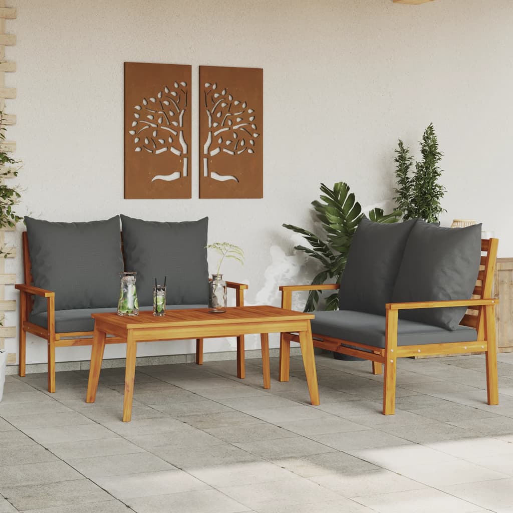 3 Pcs conjunto lounge de jardim c/ almofadões acácia maciça