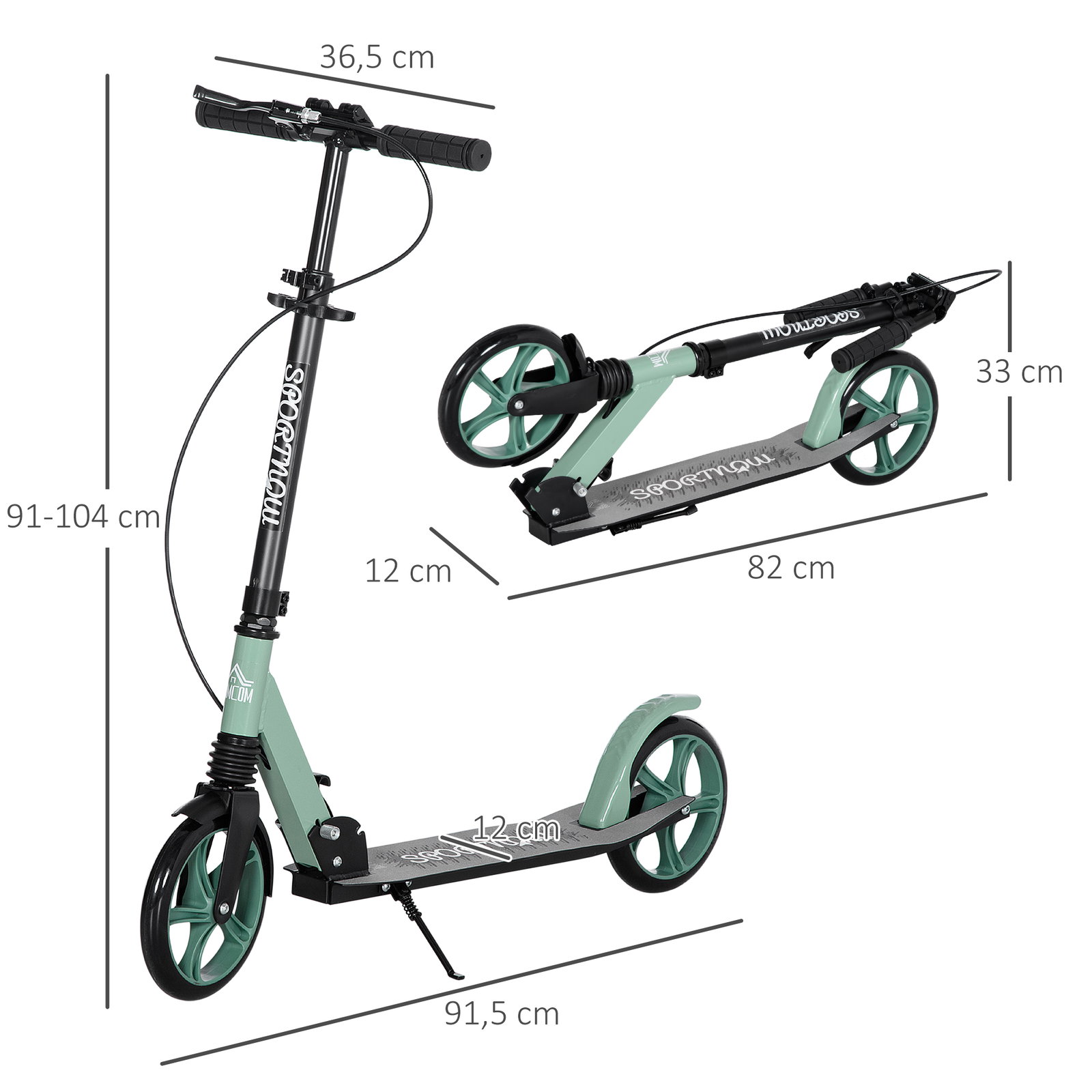 Trotinete dobrável com guiador ajustável rodas grandes de 200mm amortecimento e travão carga máxima 100kg 91,5x36,5x91-104cm verde