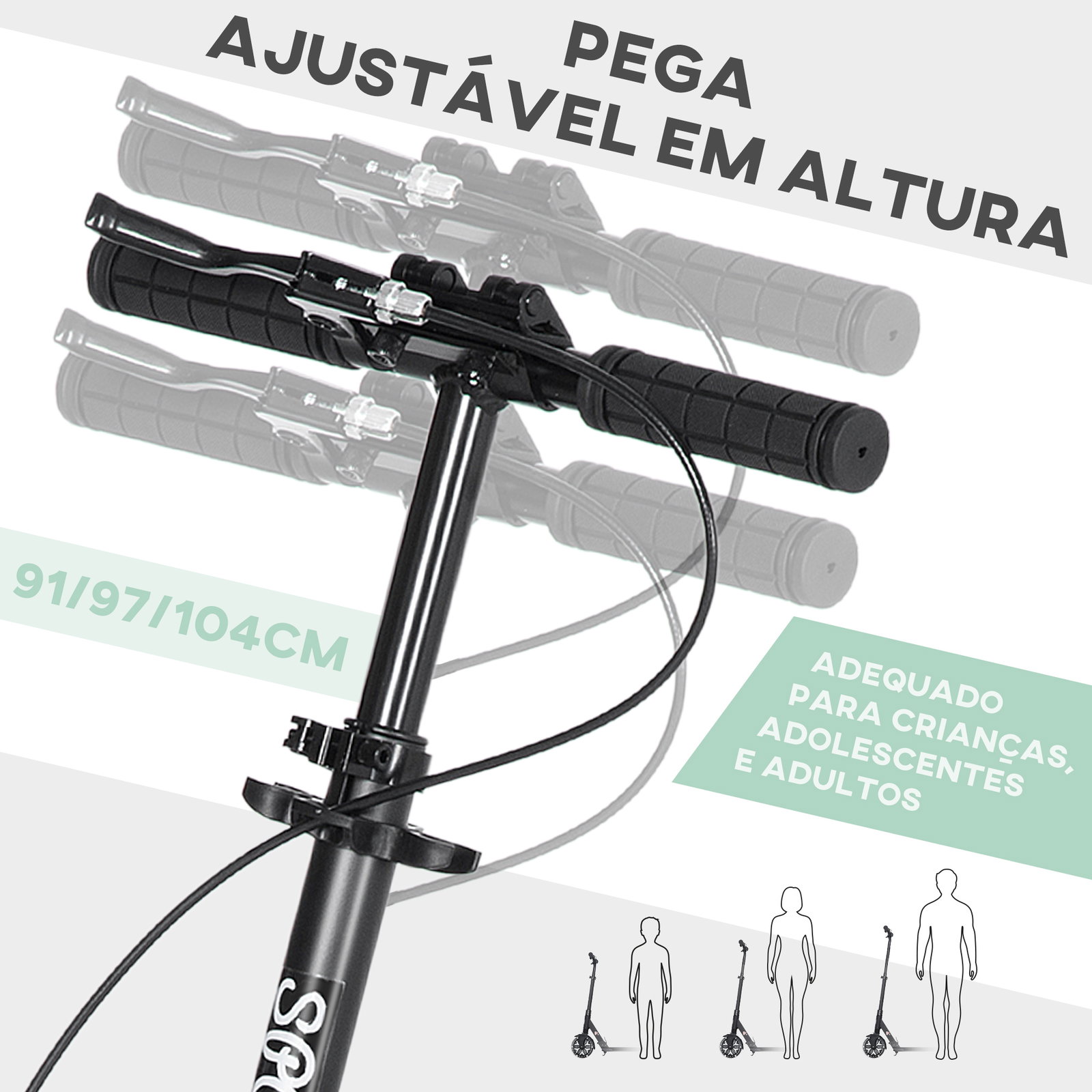 Trotinete dobrável com guiador ajustável rodas grandes de 200mm amortecimento e travão carga máxima 100kg 91,5x36,5x91-104cm verde
