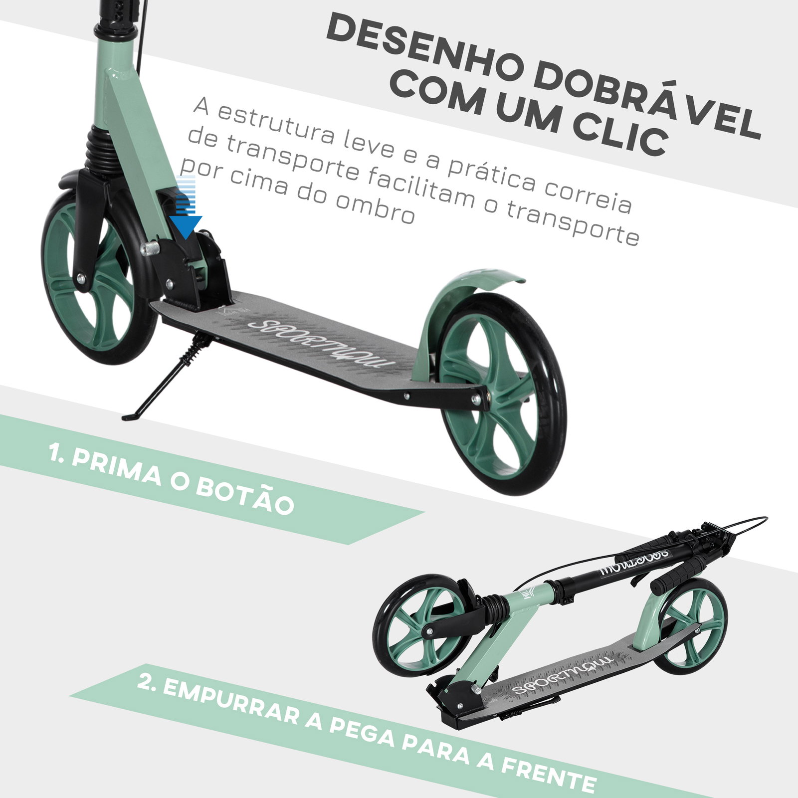 Trotinete dobrável com guiador ajustável rodas grandes de 200mm amortecimento e travão carga máxima 100kg 91,5x36,5x91-104cm verde