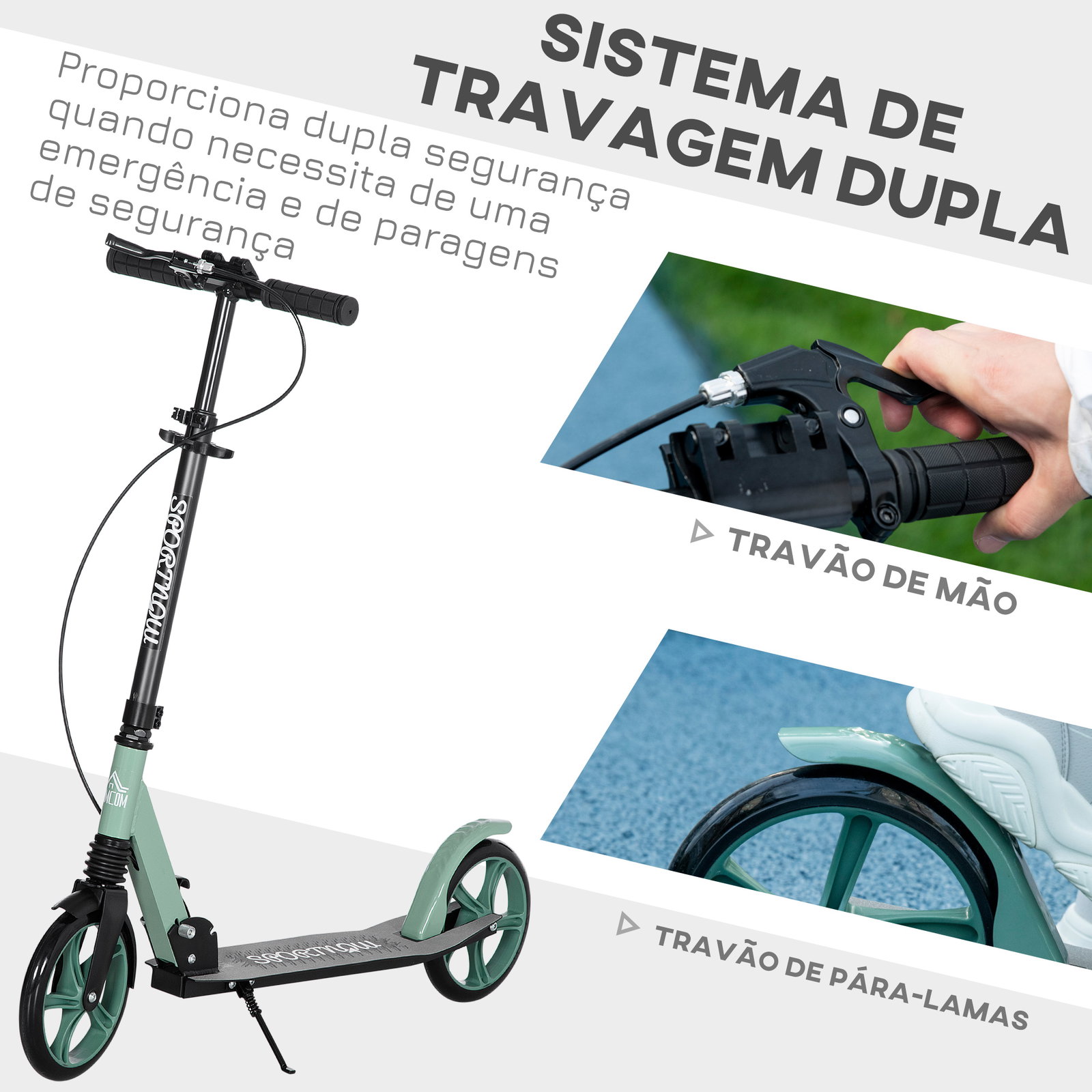 Trotinete dobrável com guiador ajustável rodas grandes de 200mm amortecimento e travão carga máxima 100kg 91,5x36,5x91-104cm verde