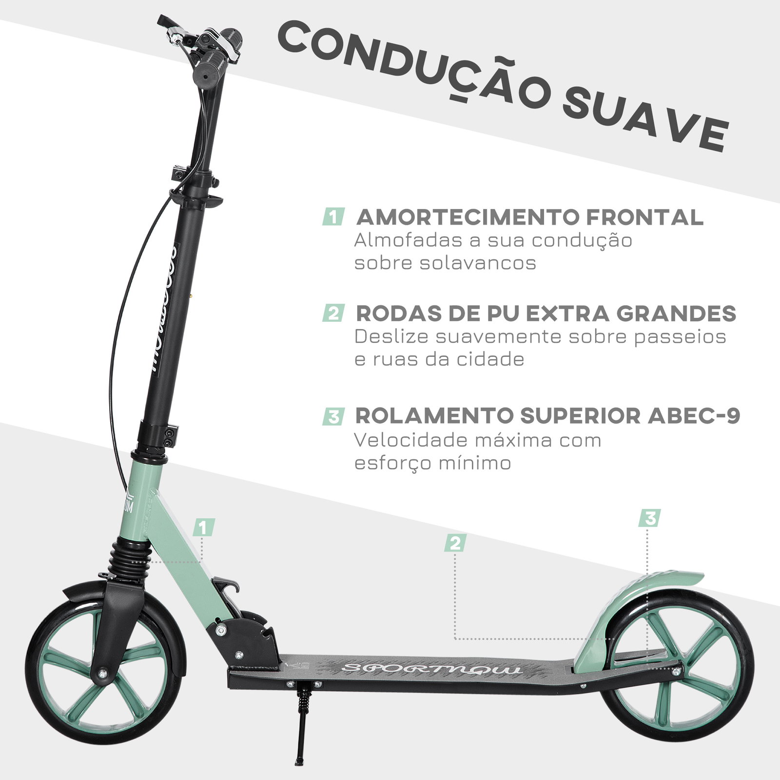 Trotinete dobrável com guiador ajustável rodas grandes de 200mm amortecimento e travão carga máxima 100kg 91,5x36,5x91-104cm verde