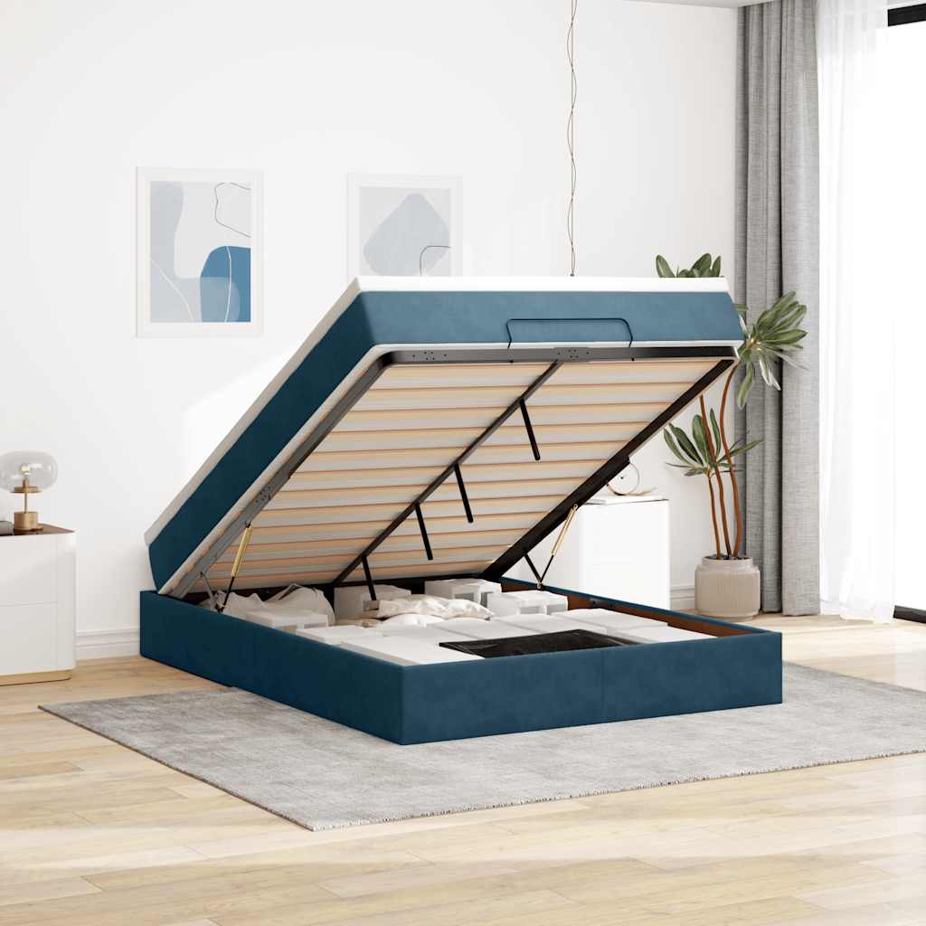 Estrutura de cama otomana com colchão 140x200 cm azul escuro