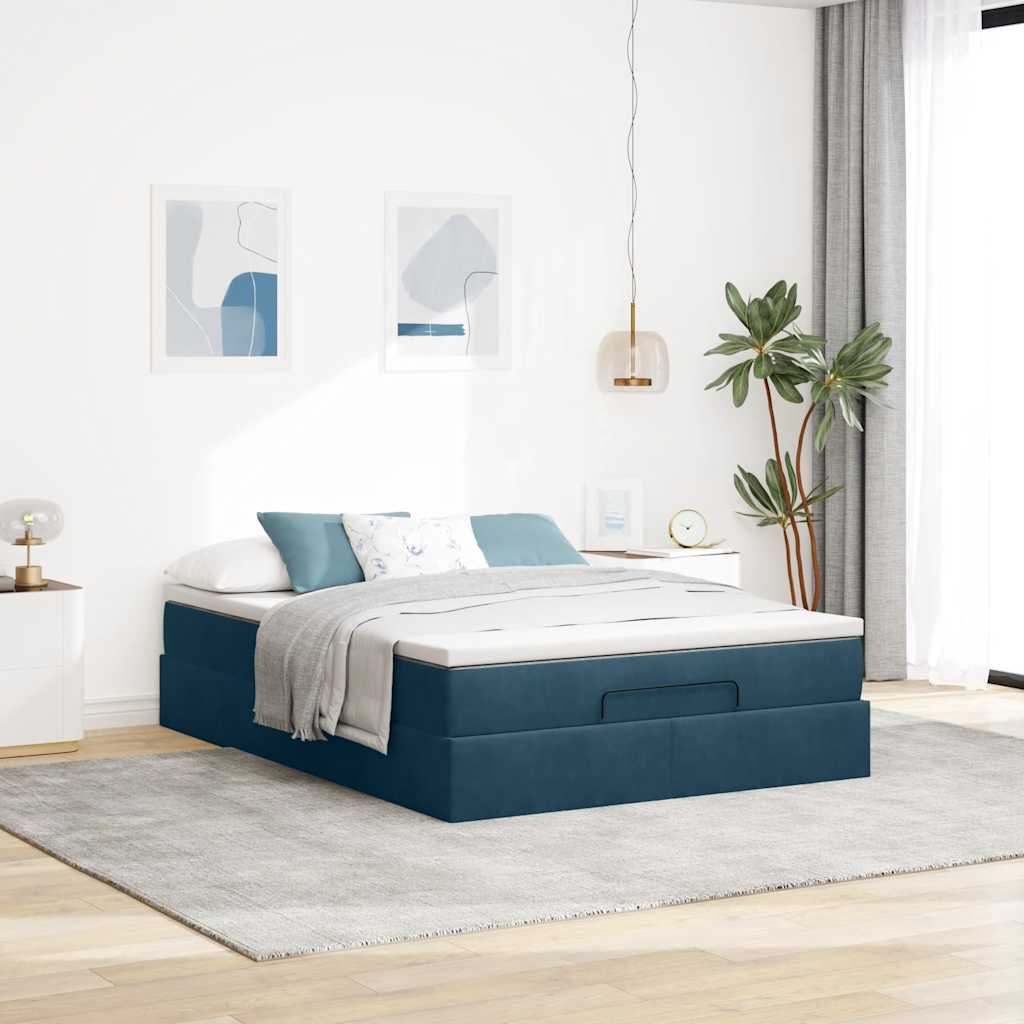 Estrutura de cama otomana com colchão 140x200 cm azul escuro
