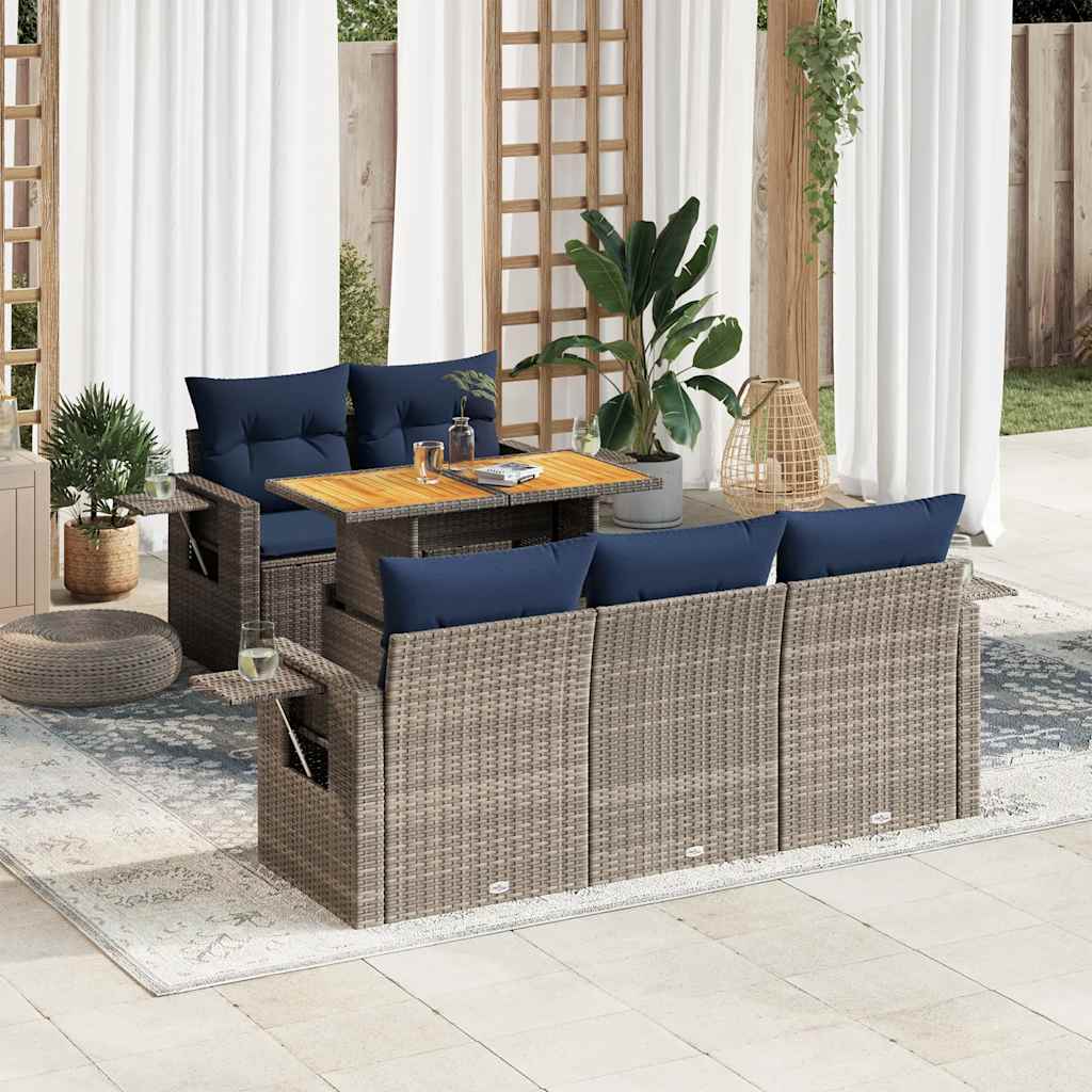 6 Pcs conjunto sofás de jardim com almofadões vime cinzento