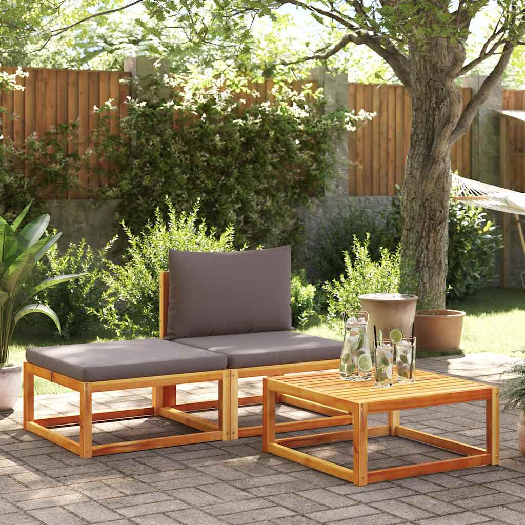 Conjunto de sofás de jardim de 3 peças com almofadas de madeira de acácia e vime