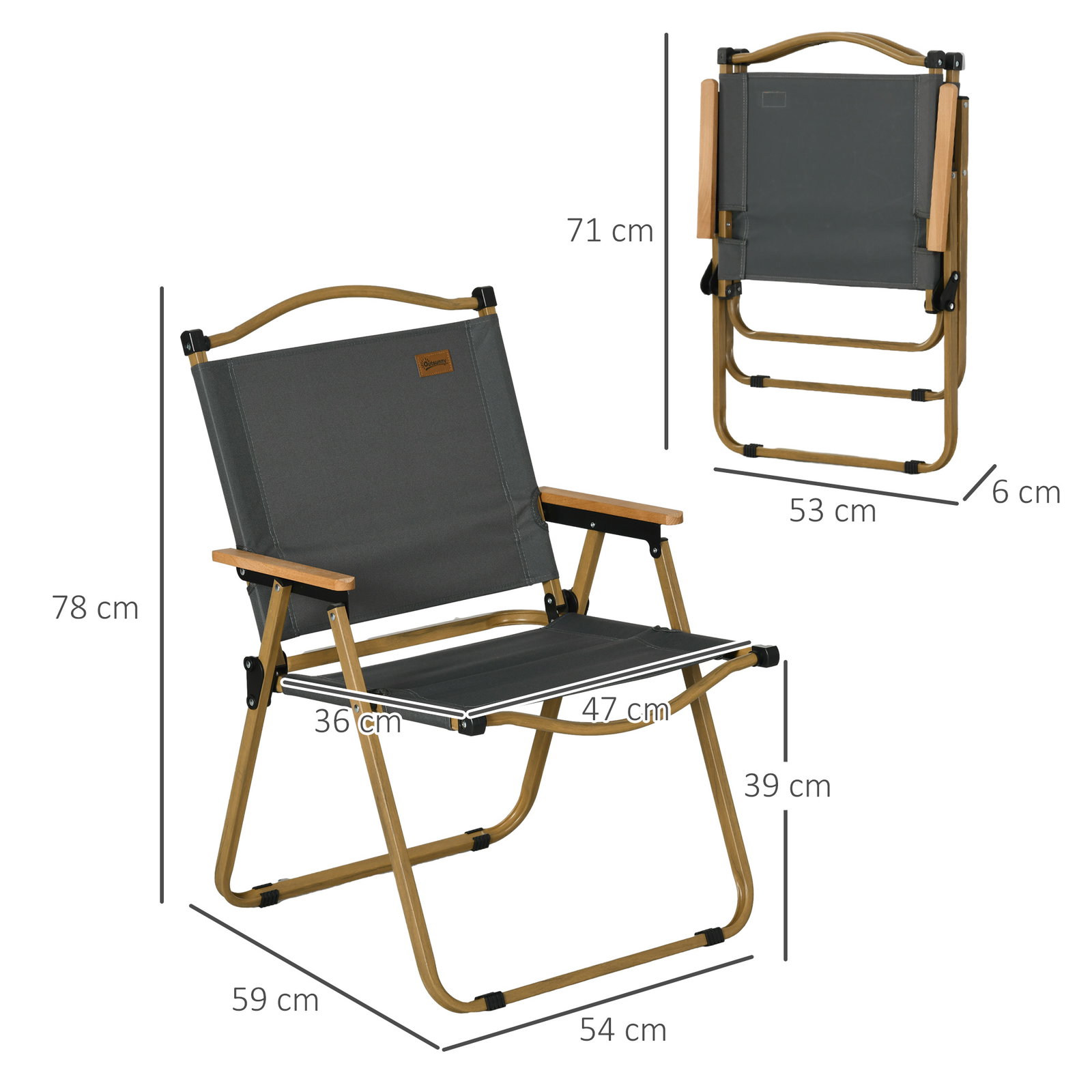 Conjunto de 2 cadeiras dobráveis de campismo cadeiras portáteis com apoios de braços e estrutura em aço cadeiras para pesca 54x59x78 cm cinzento escuro