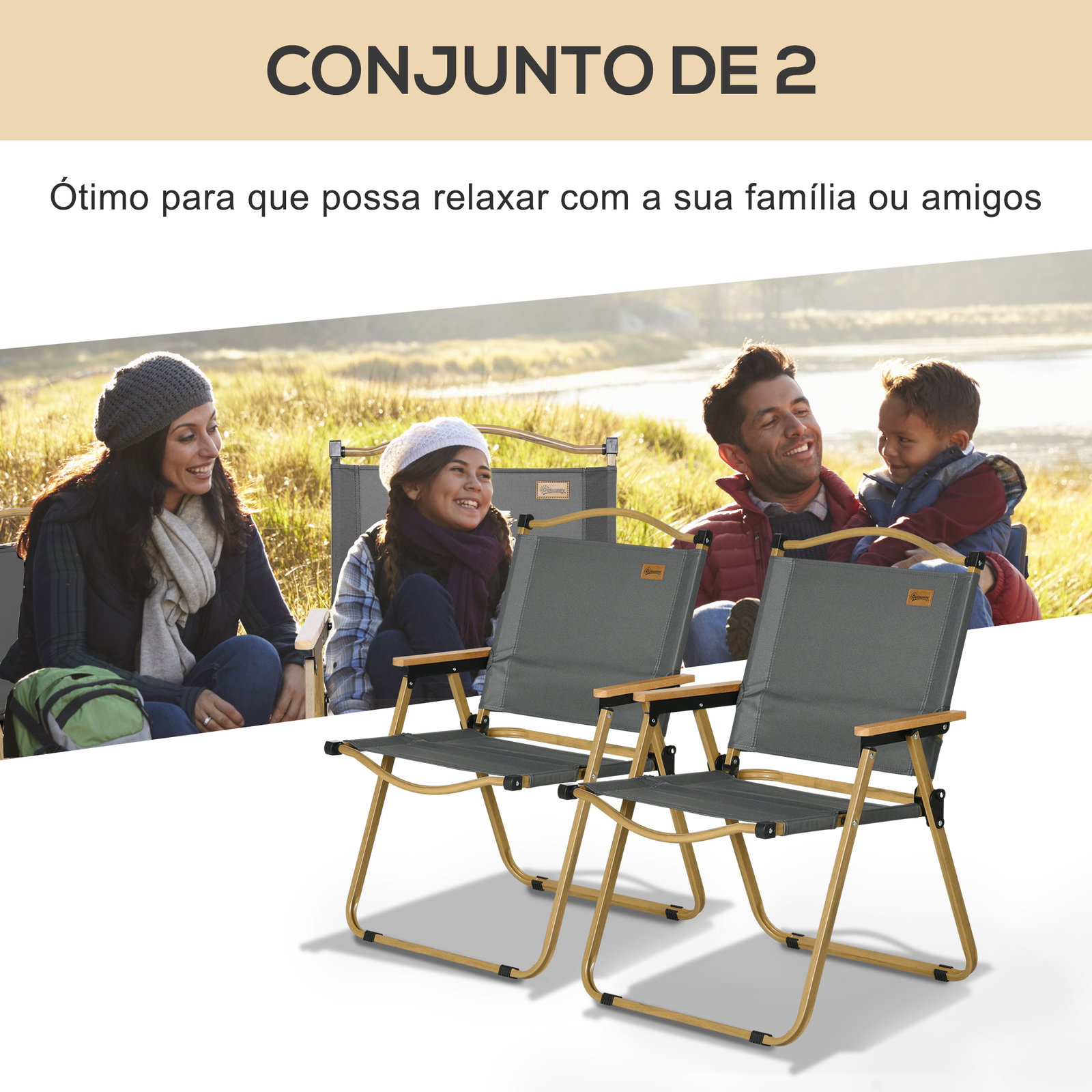 Conjunto de 2 cadeiras dobráveis de campismo cadeiras portáteis com apoios de braços e estrutura em aço cadeiras para pesca 54x59x78 cm cinzento escuro
