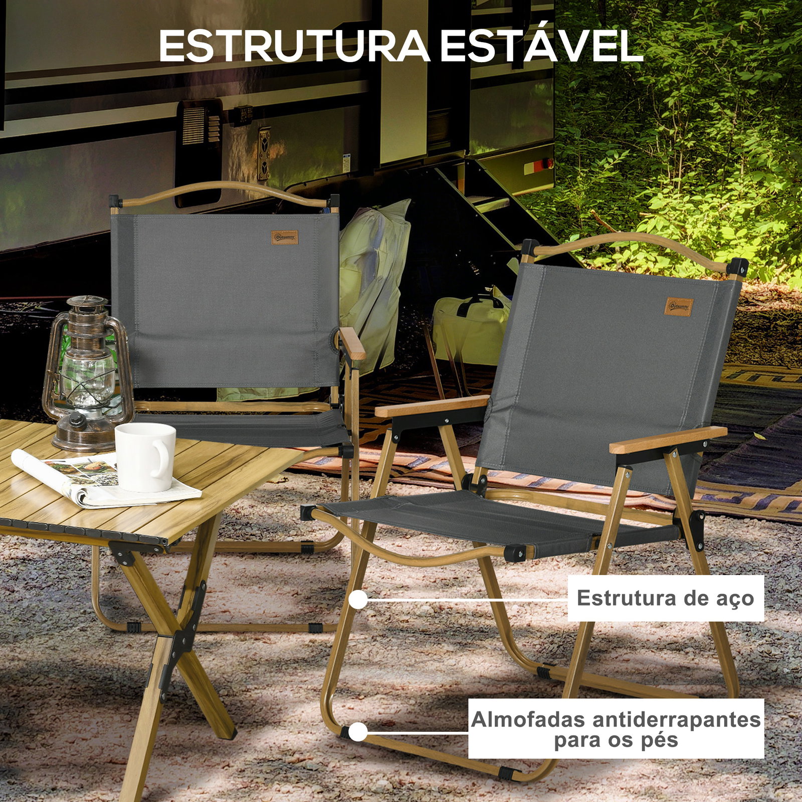 Conjunto de 2 cadeiras dobráveis de campismo cadeiras portáteis com apoios de braços e estrutura em aço cadeiras para pesca 54x59x78 cm cinzento escuro