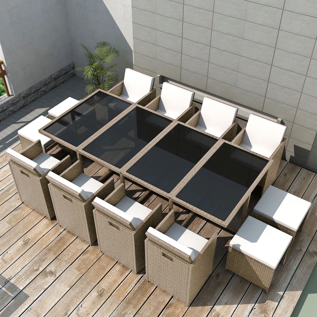 13 Pcs conjunto jantar exterior com almofadões vime PE bege