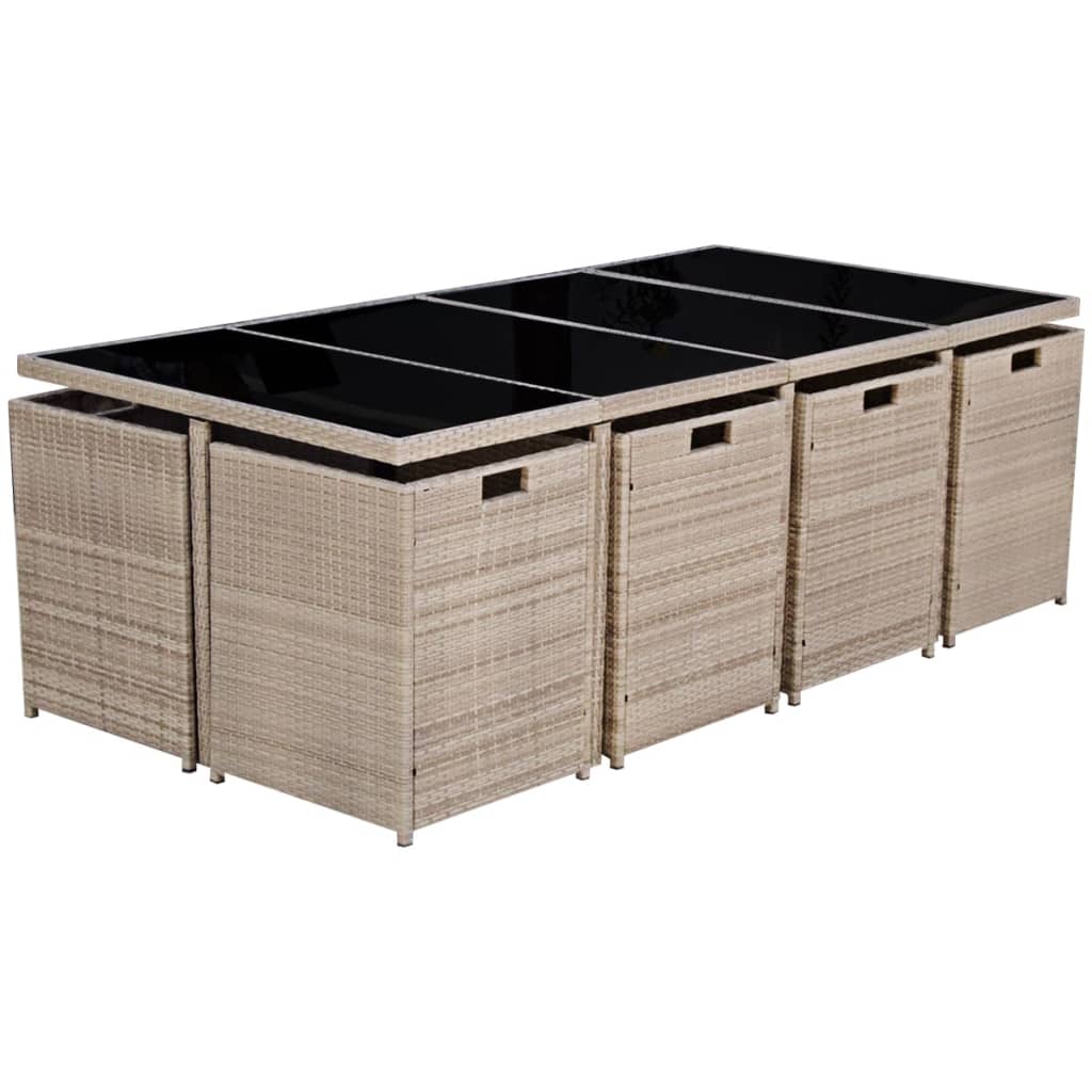 13 Pcs conjunto jantar exterior com almofadões vime PE bege