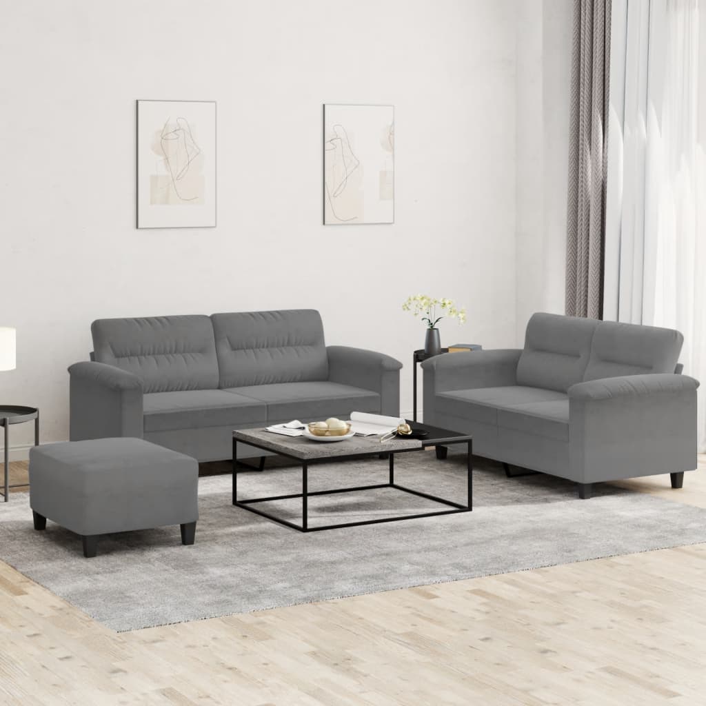 3 Pcs conj. sofás c/ almofadões tecido microfibra cinza-escuro