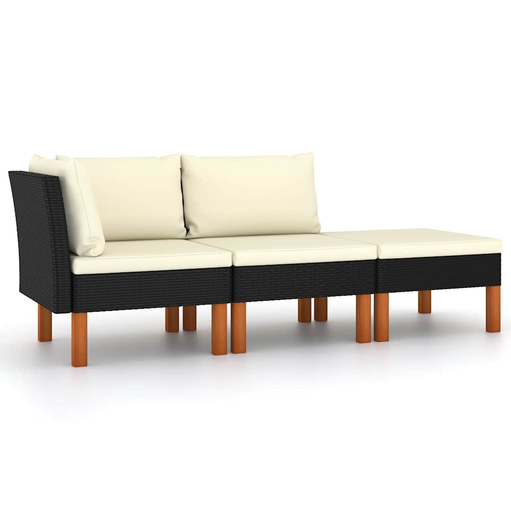 3 Pcs conj. lounge jardim vime PE e madeira de eucalipto maciça