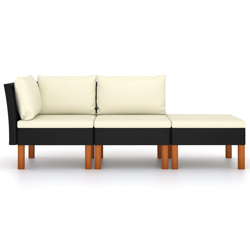 3 Pcs conj. lounge jardim vime PE e madeira de eucalipto maciça