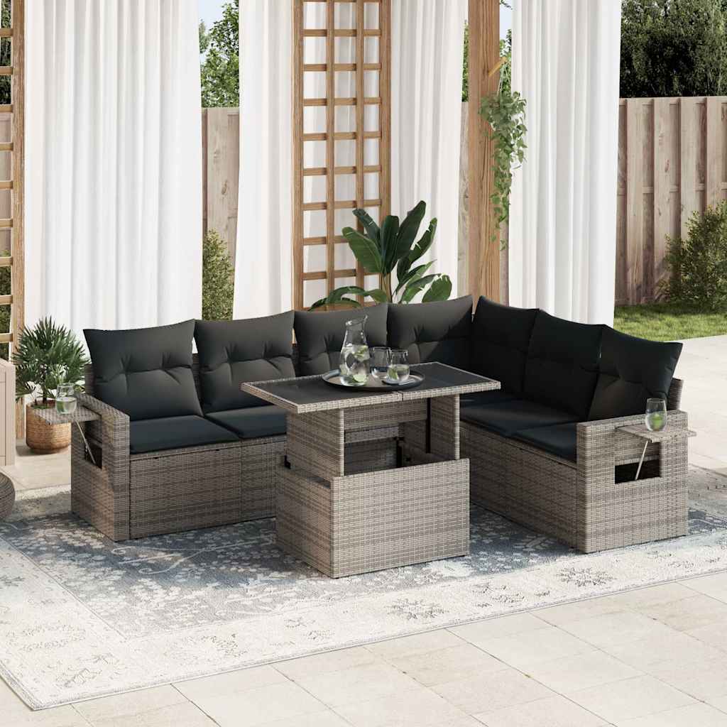 7 Pcs conjunto sofás p/ jardim c/ almofadões vime PE cinzento