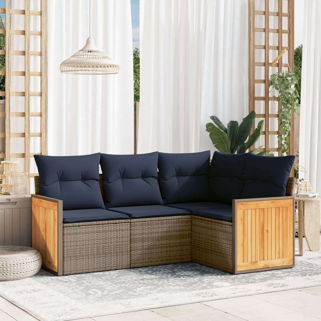 Conjunto de sofá de jardim com 4 peças e almofadas em rattan sintético cinza