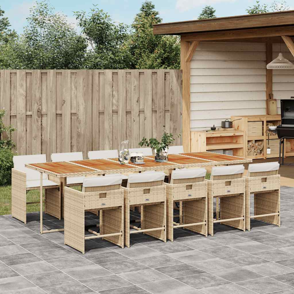 11 Pcs conjunto de jantar p/ jardim com almofadões vime PE bege