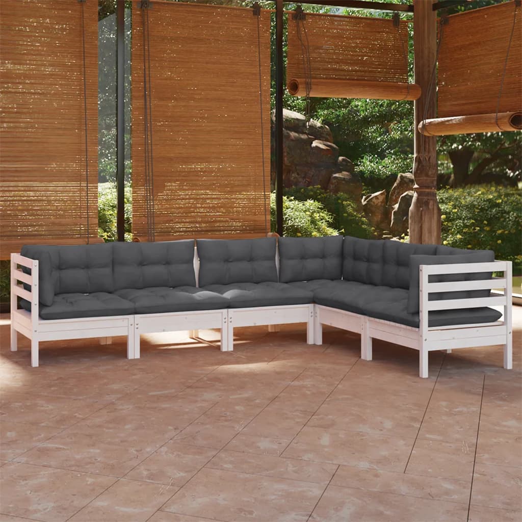 6 Pcs conj. lounge de jardim c/ almofadões pinho maciço branco