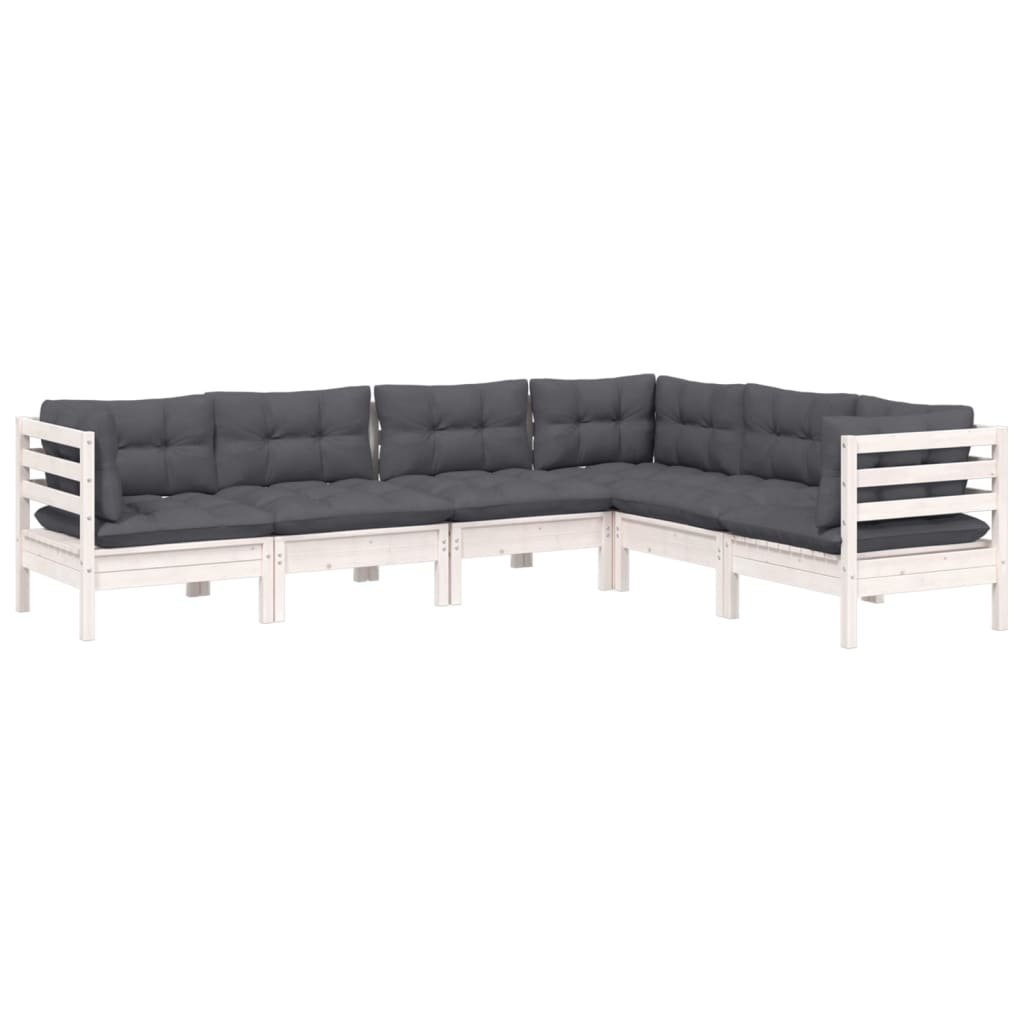 6 Pcs conj. lounge de jardim c/ almofadões pinho maciço branco