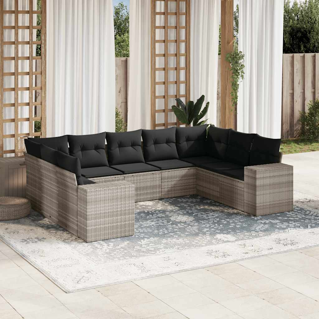 9 Pcs conj. sofás jardim com almofadões vime PE cinzento-claro