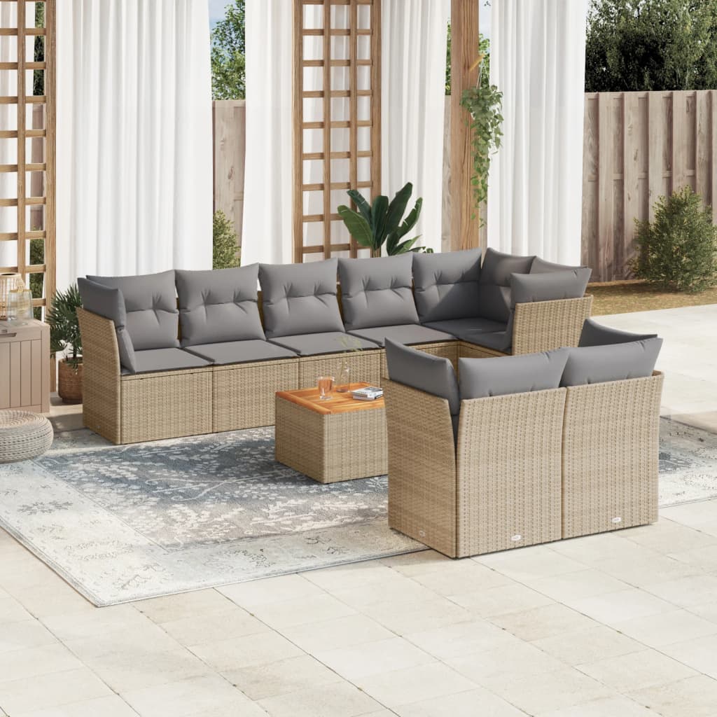 9 Pcs conj. sofás jardim c/ almofadões vime PE bege misturado