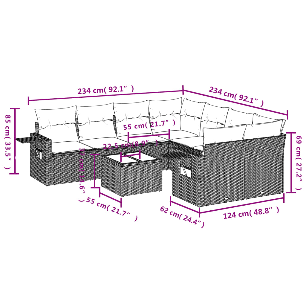 9 Pcs conjunto de sofás p/ jardim c/ almofadões vime PE preto