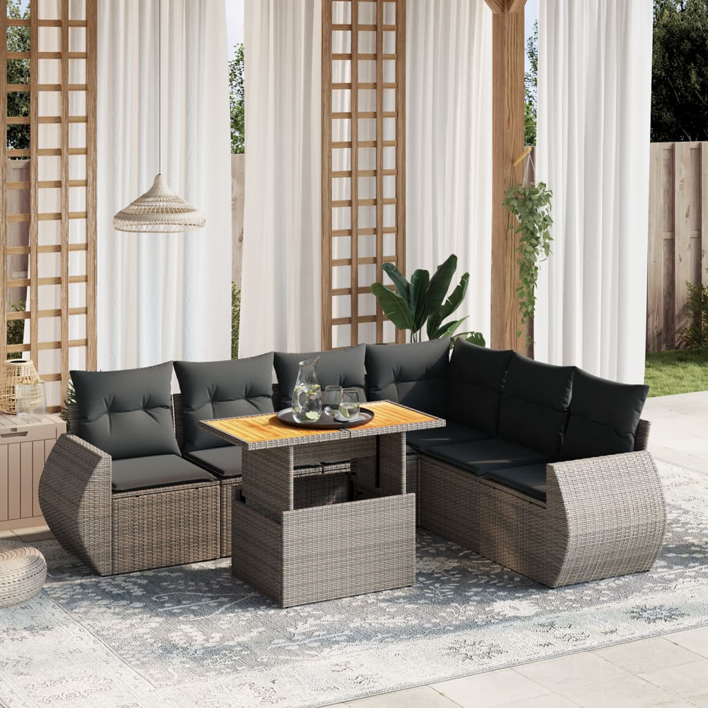 7 Pcs conjunto sofás p/ jardim c/ almofadões vime PE cinzento