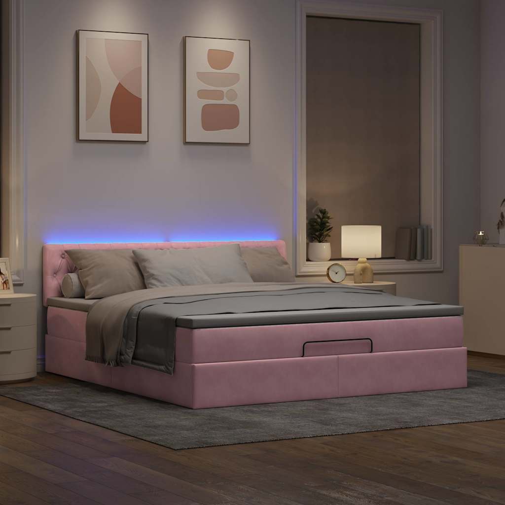 Cama otomana com colchão & leds 180x200cm veludo rosa